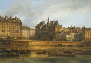 L'Hotel de Ville et la place de Greve, vus de l'Ile de la Cite by Giuseppe Canella Oil Painting