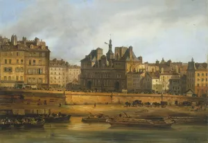 L'Hotel de Ville et la place de Greve, vus de l'Ile de la Cite by Giuseppe Canella Oil Painting