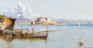 Fishermen in the Gulf of Naples, Vesuvius in the background by Giuseppe Carelli Oil Painting