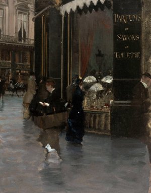 La parfumerie Violet, a l'angle du boulevard des Capucines et de la rue Scribe. by Giuseppe De Nittis Oil Painting