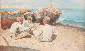 Fisher boys by the beach of Naples by Giuseppe Giardiello Oil Painting