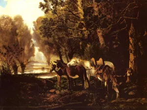 A Horse and Donkeys Awaiting the Faggot Gatherer by Giuseppe Palizzi - Oil Painting Reproduction