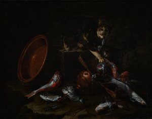 A Cat Stealing Fish by Giuseppe Recco Oil Painting