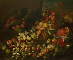 Still Life With Fruit Basket In Front Of A Wall by Giuseppe Ruoppolo Oil Painting