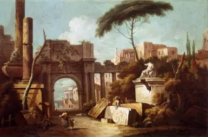 Ancient Ruins with a Great Arch and a Column painting by Giuseppe Zais