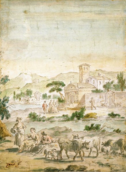 Landscape with Figures by Giuseppe Zais - Hand-Painted Oil Painting Reproduction