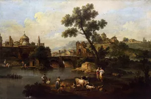 Landscape with River and Bridge by Giuseppe Zais - Oil Painting Reproduction
