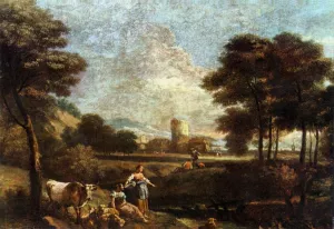 Landscape with Shepherds and Fishermen by Giuseppe Zais - Oil Painting Reproduction