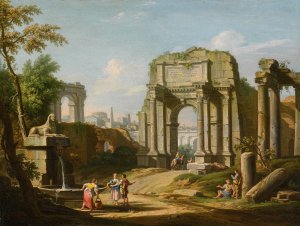 Architectural Capriccio With Ancient Ruins, A Sphinx And Figures By A Fountain by Giuseppe Zocchi Oil Painting