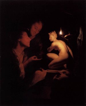 Artist and Model Looking at an Ancient Statue by Lamplight by Godfried Schalcken Oil Painting