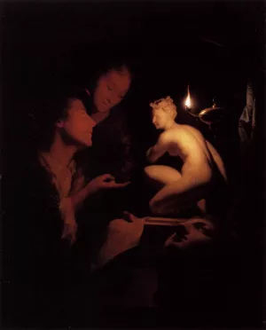 Artist and Model Looking at an Ancient Statue by Lamplight by Godfried Schalcken Oil Painting