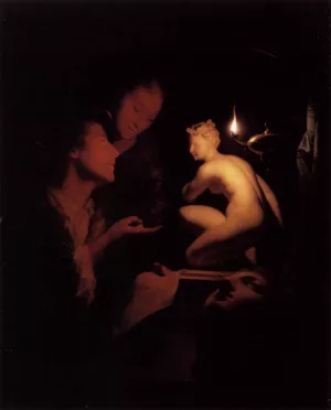Artist and Model Looking at an Ancient Statue by Lamplight Oil painting by Godfried Schalcken