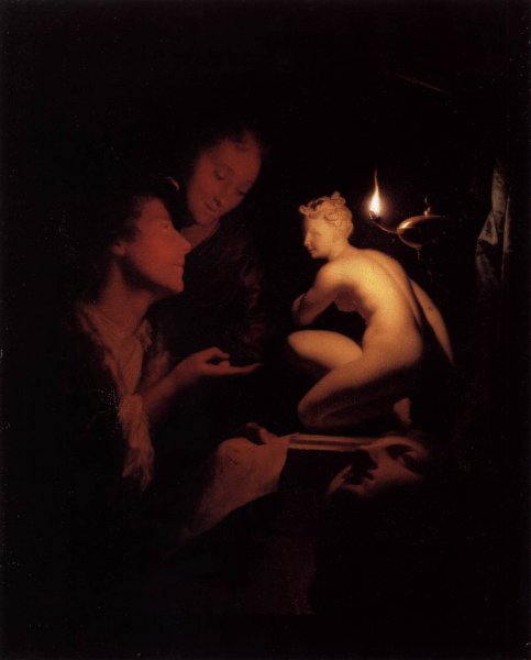 Artist and Model Looking at an Ancient Statue by Lamplight by Godfried Schalcken - Hand-Painted Oil Painting Reproduction