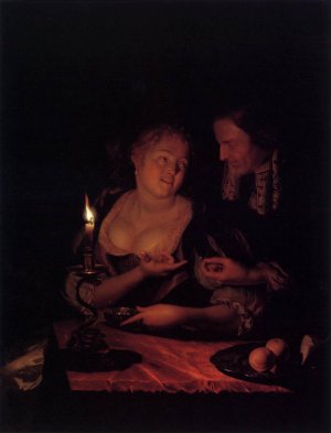 Gentleman Offering a Lady a Ring in a Candlelit Bedroom
