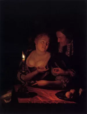 Gentleman Offering a Lady a Ring in a Candlelit Bedroom painting by Godfried Schalcken