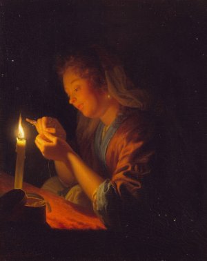 Girl threading a Needle by Candlelight by Godfried Schalcken Oil Painting