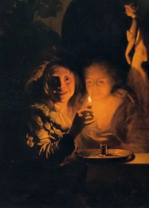 Lovers Lit by a Candle by Godfried Schalcken Oil Painting
