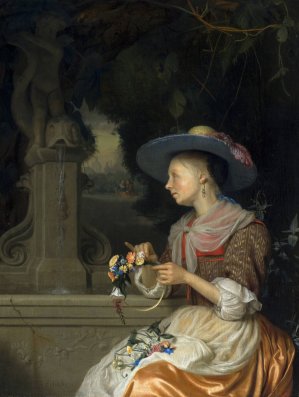 Woman Weaving a Crown of Flowers by Godfried Schalcken Oil Painting