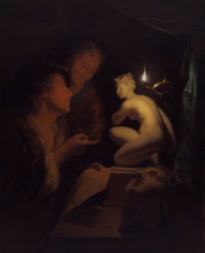Young Man and Woman Studying a Statue of Venus, by Lamplight by Godfried Schalcken Oil Painting