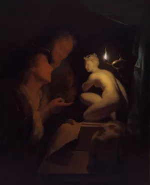 Young Man and Woman Studying a Statue of Venus, by Lamplight by Godfried Schalcken Oil Painting