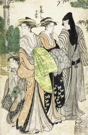 The Courtesan Komurasaki of the Tamaya Parading with Her Attendants by Gokyo Oil Painting