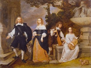 A Family Group by a Fountain by Gonzales Coques Oil Painting