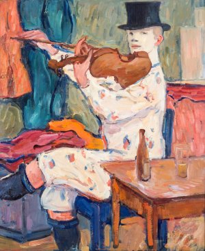 A Clown Playing the Violin by Gosta Von Hennigs Oil Painting