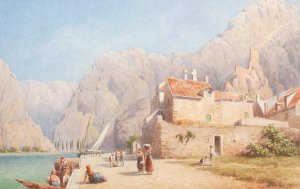 A southern coastline, surrounded by a mountain range by Gottfried Seelos Oil Painting