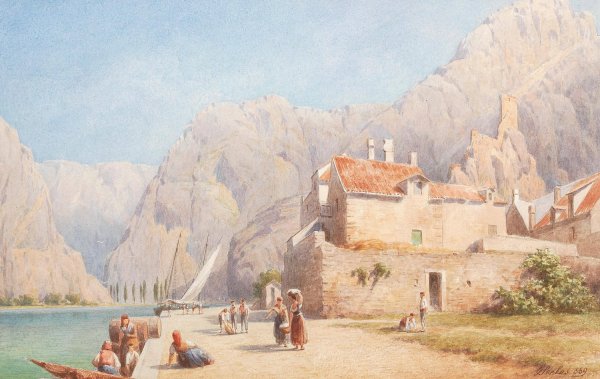 A southern coastline, surrounded by a mountain range by Gottfried Seelos - Hand-Painted Oil Painting Reproduction