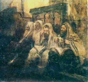 Jews in the Synagogue by Maurycy Gottlieb Oil Painting