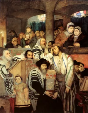 Jews Praying in the Synagogue on Yom Kippur by Maurycy Gottlieb Oil Painting