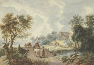 Baumreiche Landschaft, im Vordergrund ein Weg, der uber eine Brucke fuhrt by Gottlieb Welte Oil Painting
