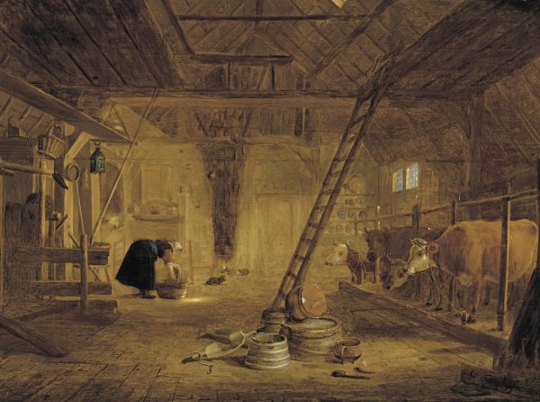 Main Product Photo of A Barn Interior With Four Cows, A Milk Maid Cleaning A Pot, And Earthenware Pots In The Foreground  Painting by Govert Dircksz Camphuysen