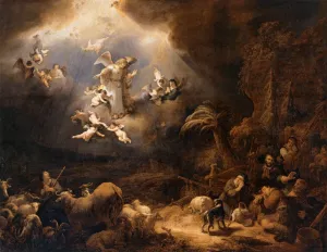 Angels Announcing the Birth of Christ to the Shepherds painting by Govert Teunisz. Flinck