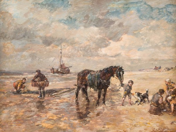 Main Product Photo of Mussel fisher by the beach Painting by Gregor Von Bochmann