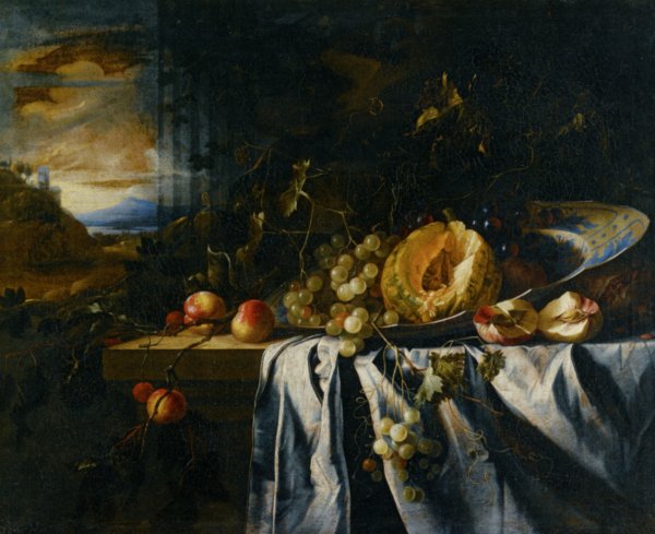 Main Product Photo of Still life with Watermelon in Porcelain Bowl with Grapes Peaches on a Wooden Ledge Landscape Beyond Painting by Gregorius De Coninck