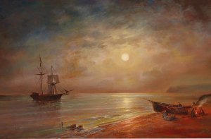 Moonlit Night Over A Coastal Landscape by Grigori Ivanovitch Kapustin Oil Painting