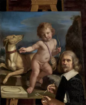 Self-Portrait before a Painting of Amor Fedele by Guercino Oil Painting