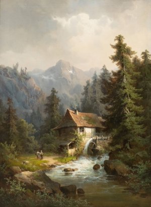 Water mill in the mountains by Guido Hampe Oil Painting