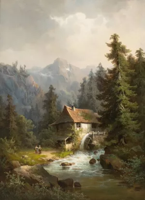 Water mill in the mountains by Guido Hampe Oil Painting