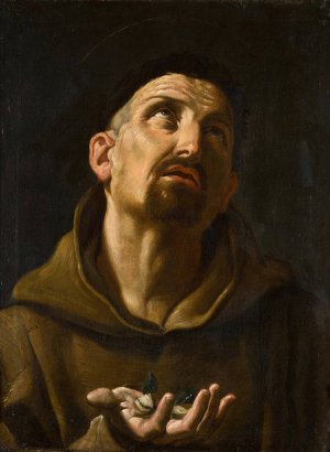 Saint Didacus of Alcala, holding Rose Buds by Guido Reni (Follower) Oil Painting