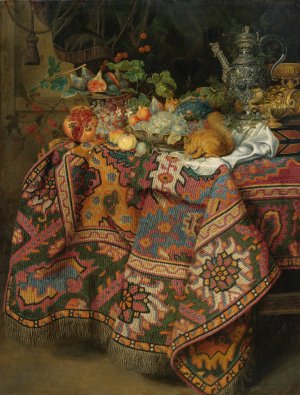 Still Life With Fruit, Gold And Silver Vessels And A Squirrel, All On A Table Covered By A Persian Rug by Guiliam Gabron Oil Painting