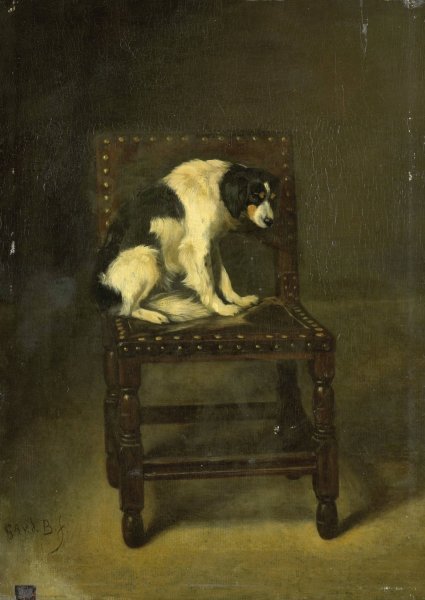 Main Product Photo of A Dog on a Chair  Painting by Guillaume Anne Van Der Brugghen