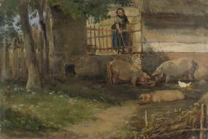 Pigs in a Barnyard by Guillaume Anne Van Der Brugghen Oil Painting