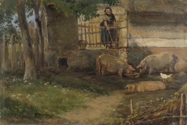 Main Product Photo of Pigs in a Barnyard  Painting by Guillaume Anne Van Der Brugghen