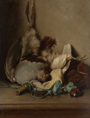 Still life with Wood Pigeon and Powder Horn by Guillaume Anne Van Der Brugghen Oil Painting