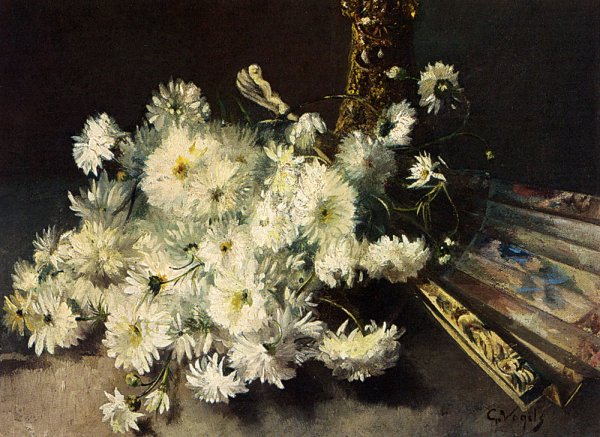 A Still Life With Chrysanthemums And A Fan