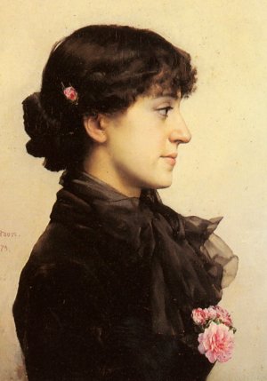 A Lady in Black with Pink Roses