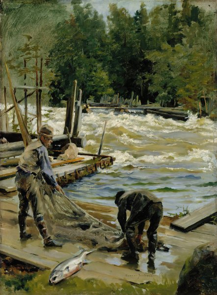 Salmon Fishing  by Gunnar Berndtson - Hand-Painted Oil Painting Reproduction