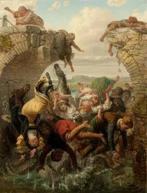 The Bridge at Nya Lodose Collapsing into the River Save in 1543 by Gustaf Brusewitz Oil Painting